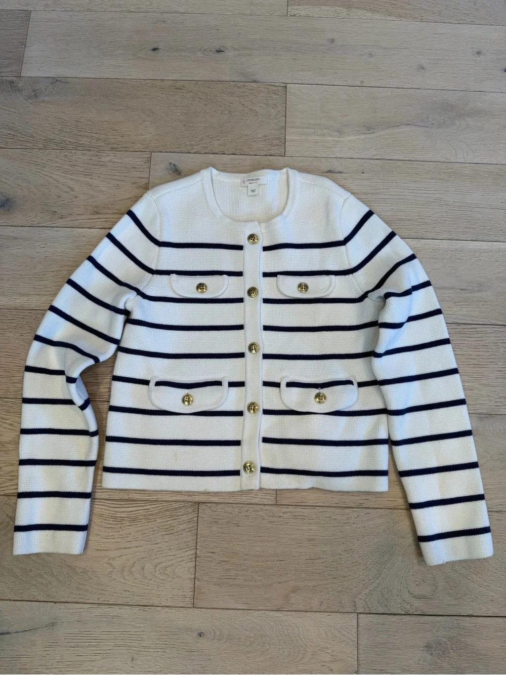 Crewcuts White and Navy Striped Knit Button Jacket with Gold Buttons
